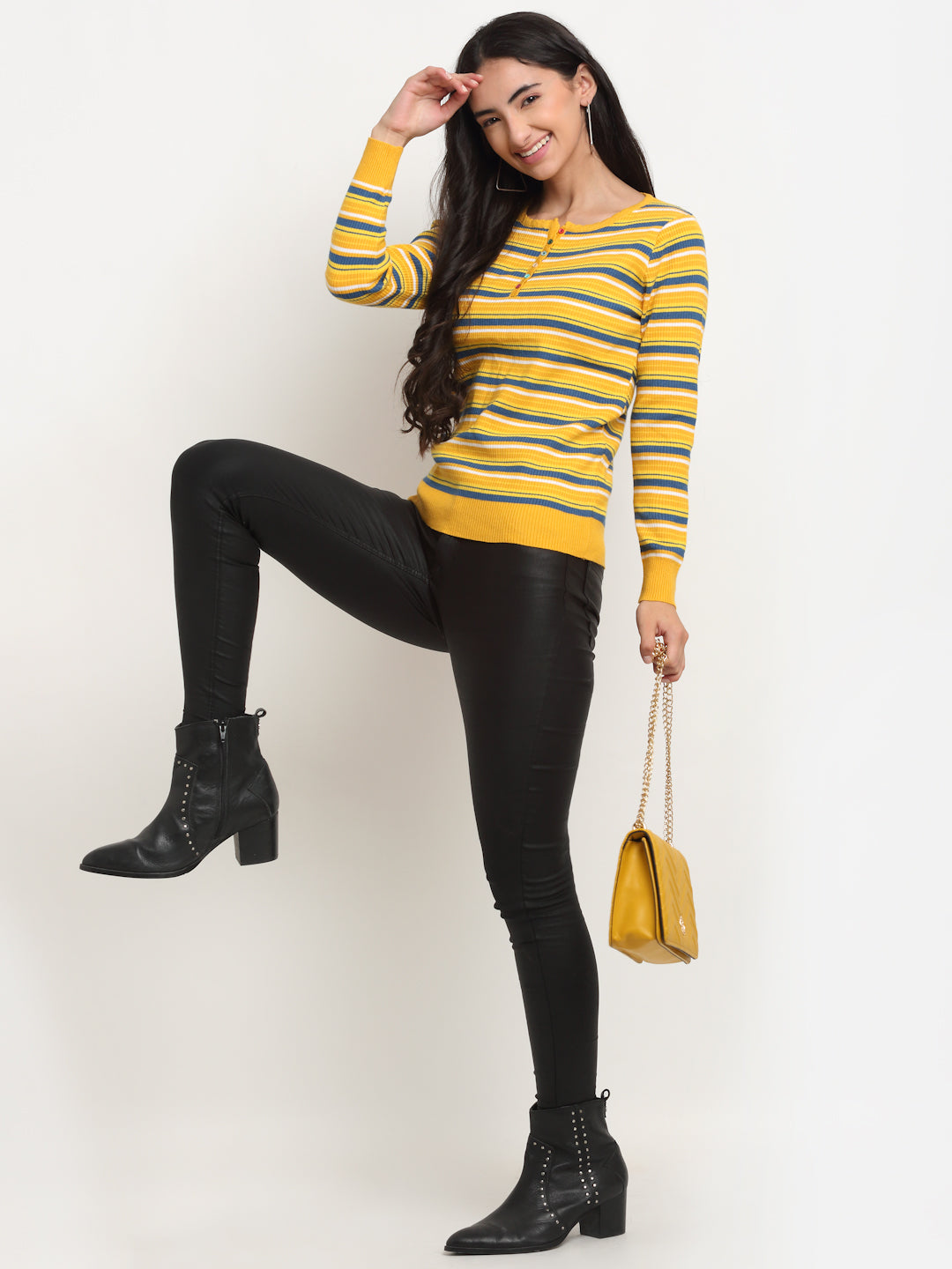  Mustard Round Neck Striped Pullover