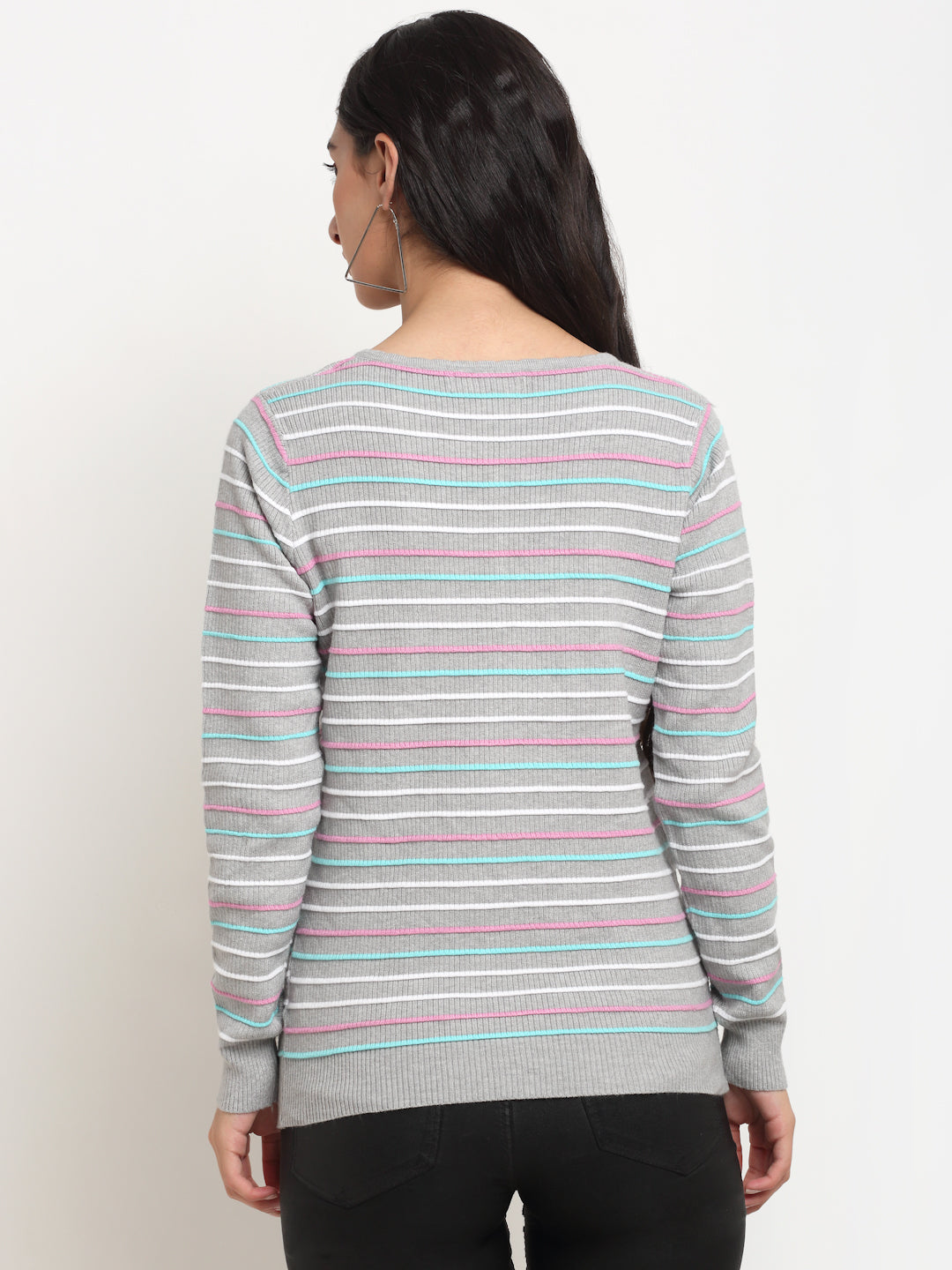 Shop Grey Round Neck Striped Pullover