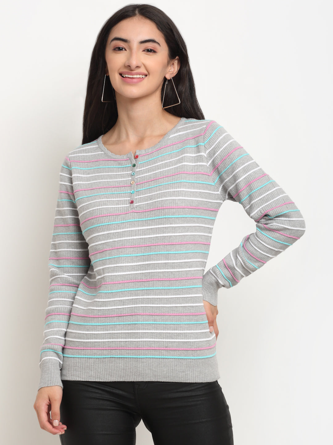 Women Grey Round Neck Striped Pullover