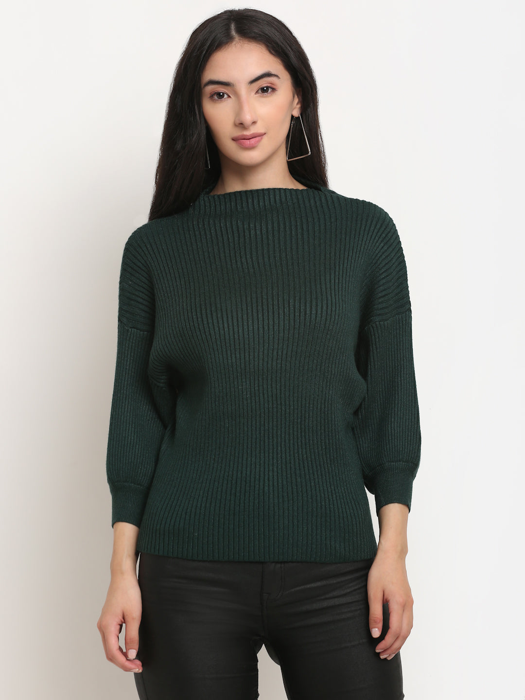 Women Dark Green High Neck Knit Solid Pullover