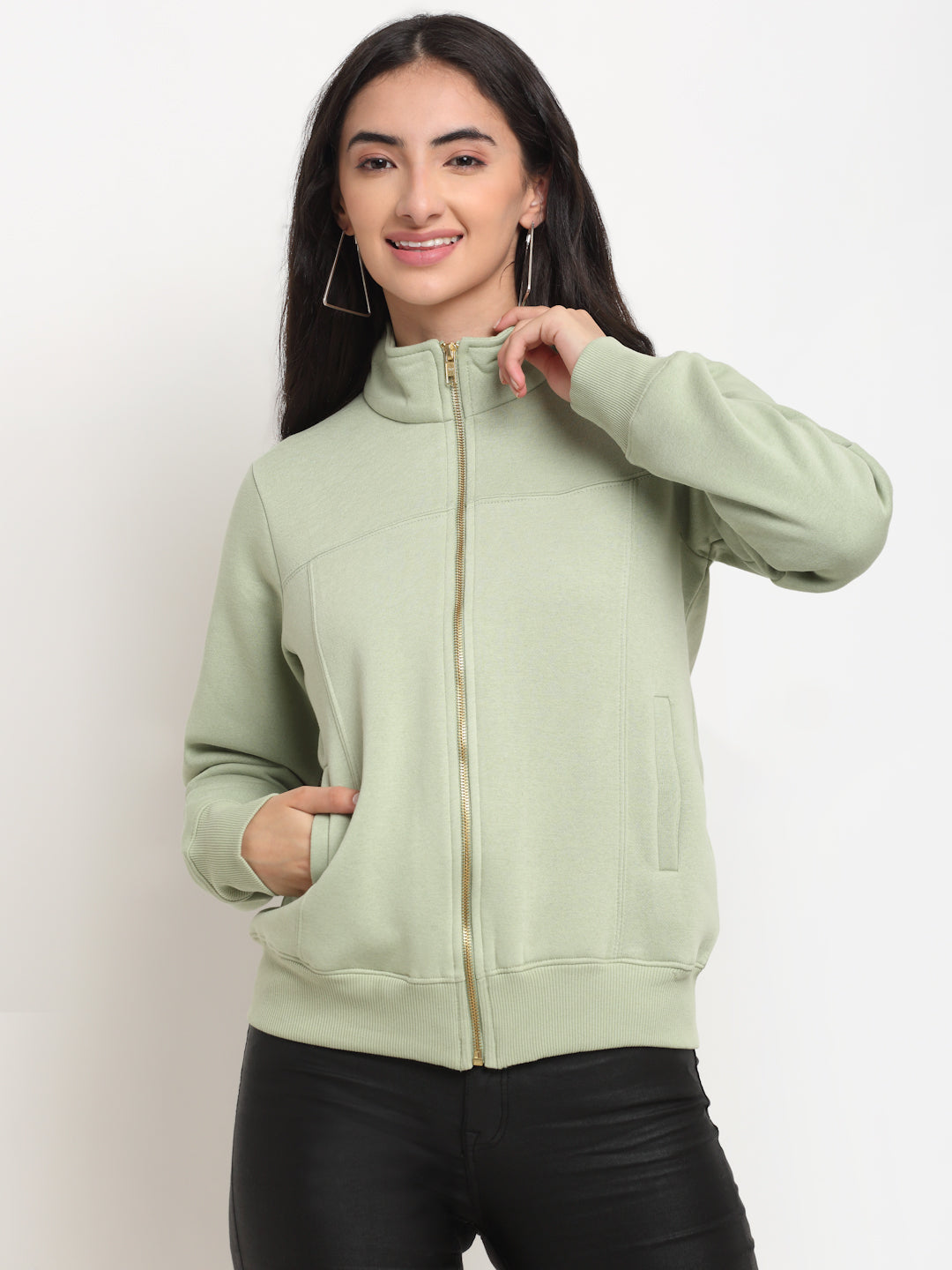 Green Regular Fit Collared Zipper Sweatshirt S SM2728832
