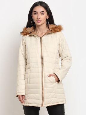 A Unique Women Khaki & Off White Hooded Polyester Solid Reversible Jacket 