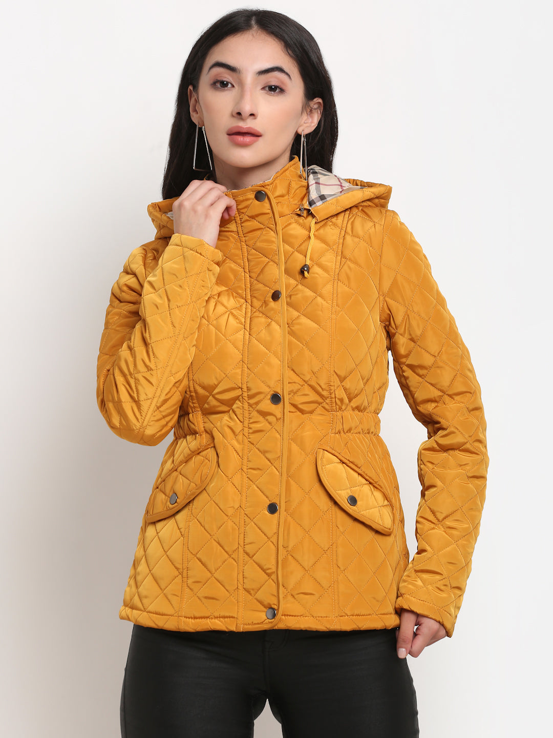 Women Mustard Hooded Straight Fit Jacket