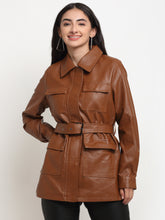 Women Khaki Collared PU Leather Solid Jacket
