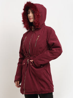 Women Maroon Straight  Hood Reversible Jacket