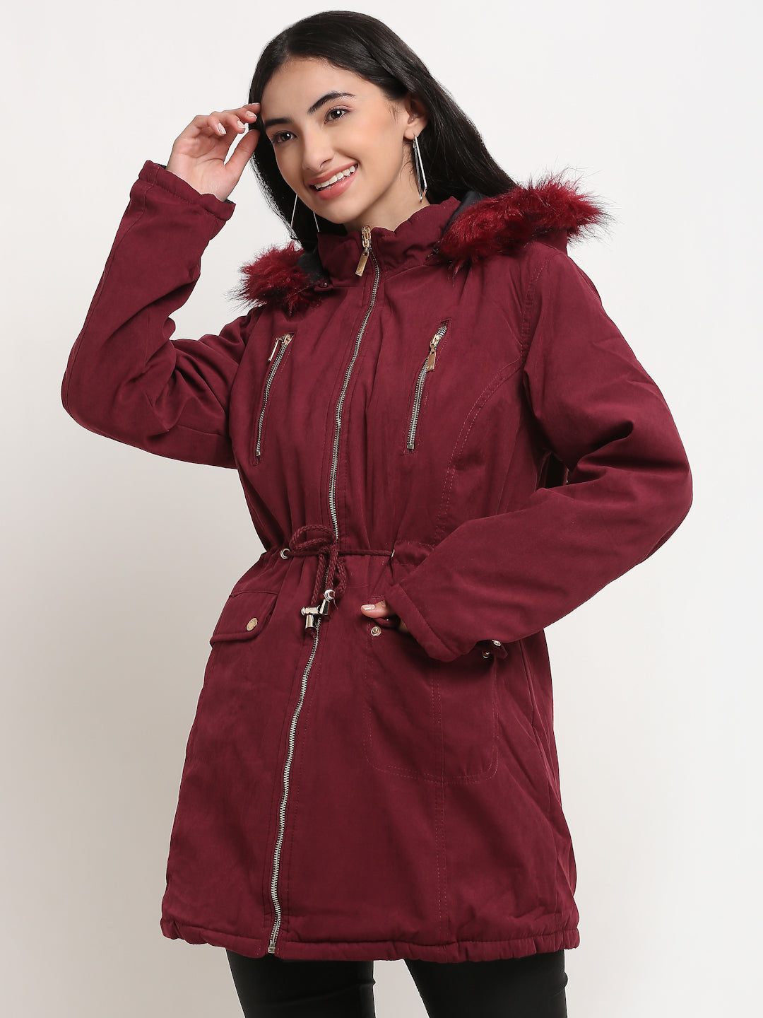 Women Maroon Straight  Hood Reversible Jacket