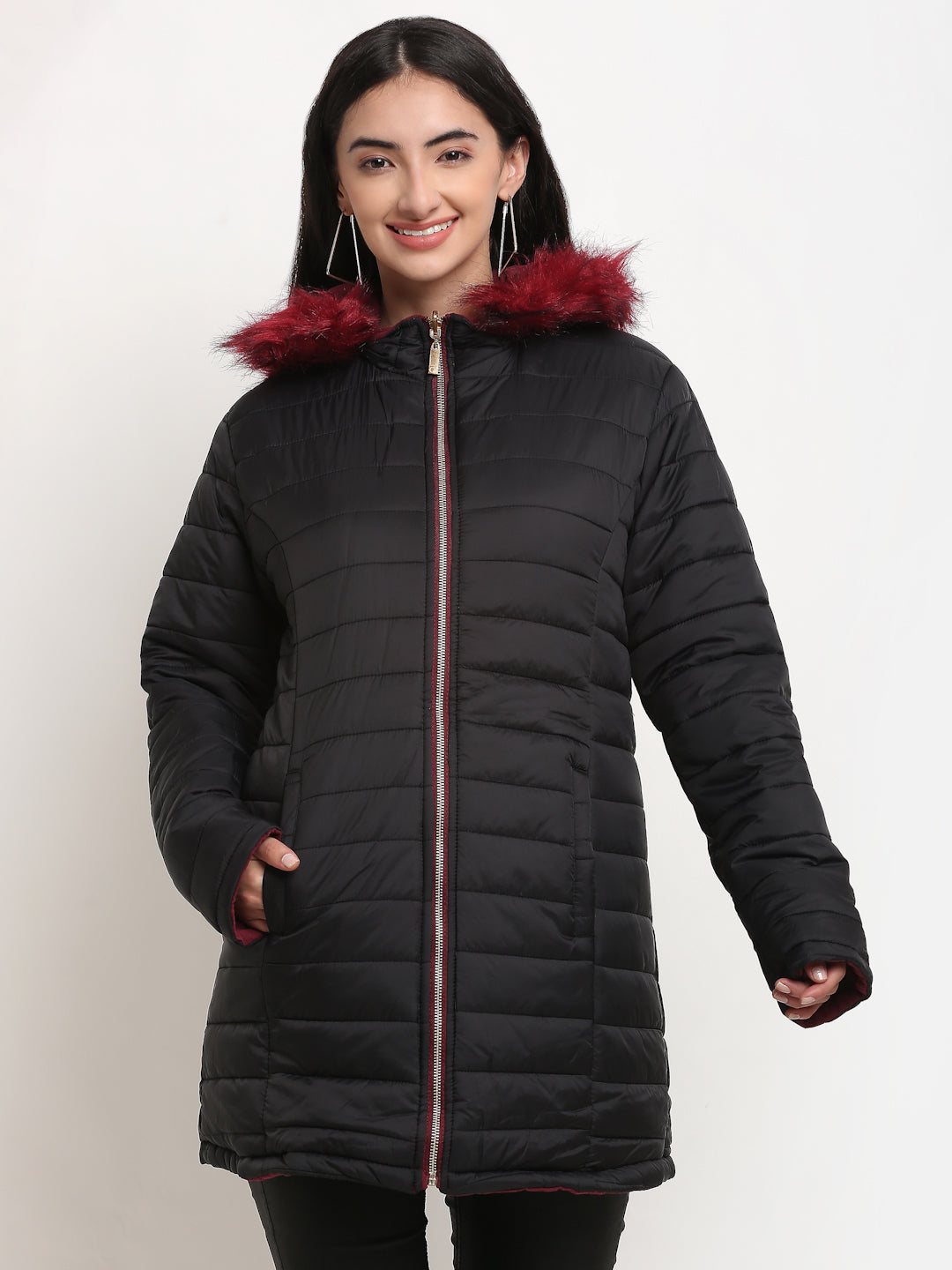 Women Maroon Straight  Hood Reversible Jacket