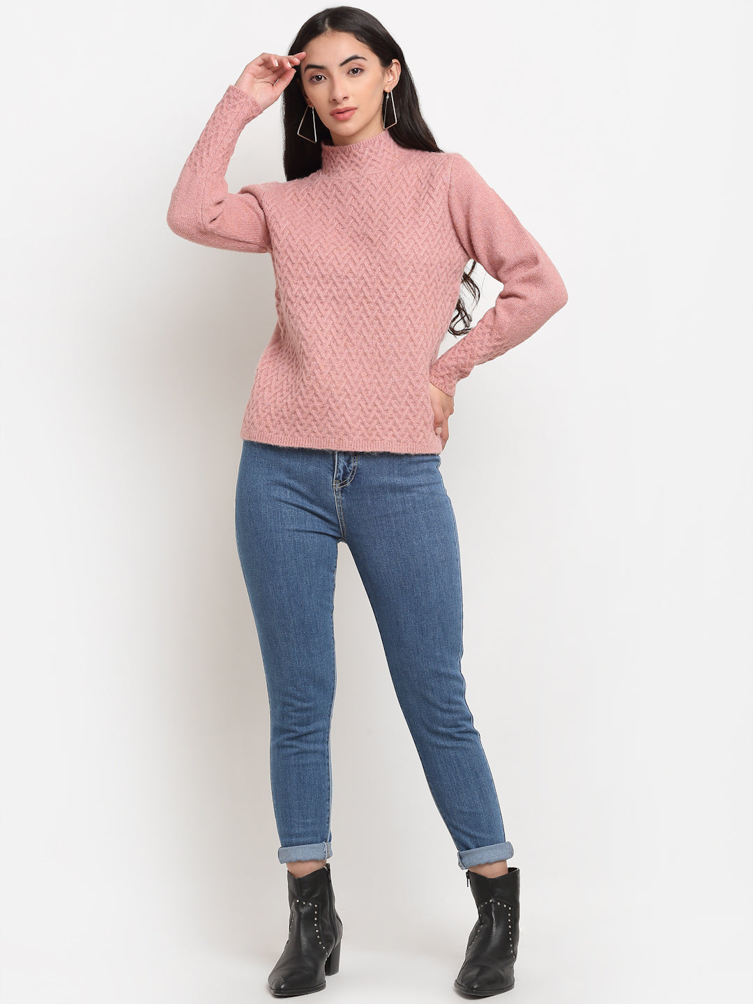 Women Pink High Neck Regular Fit Pullover