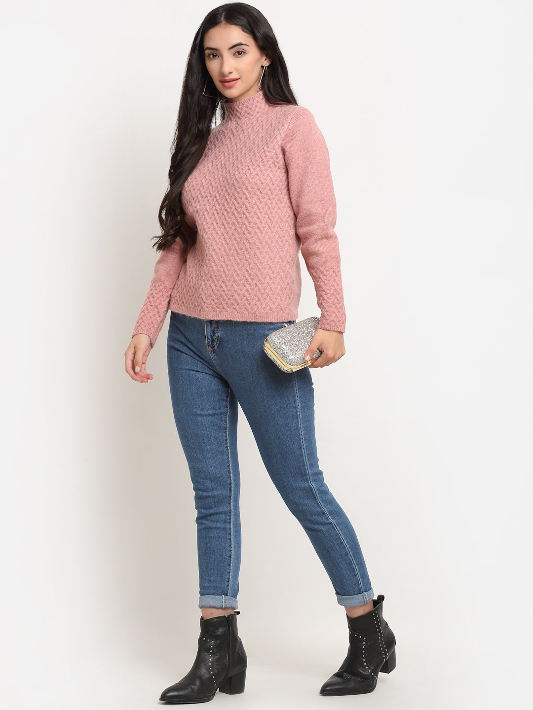 Women Pink High Neck Regular Fit Pullover