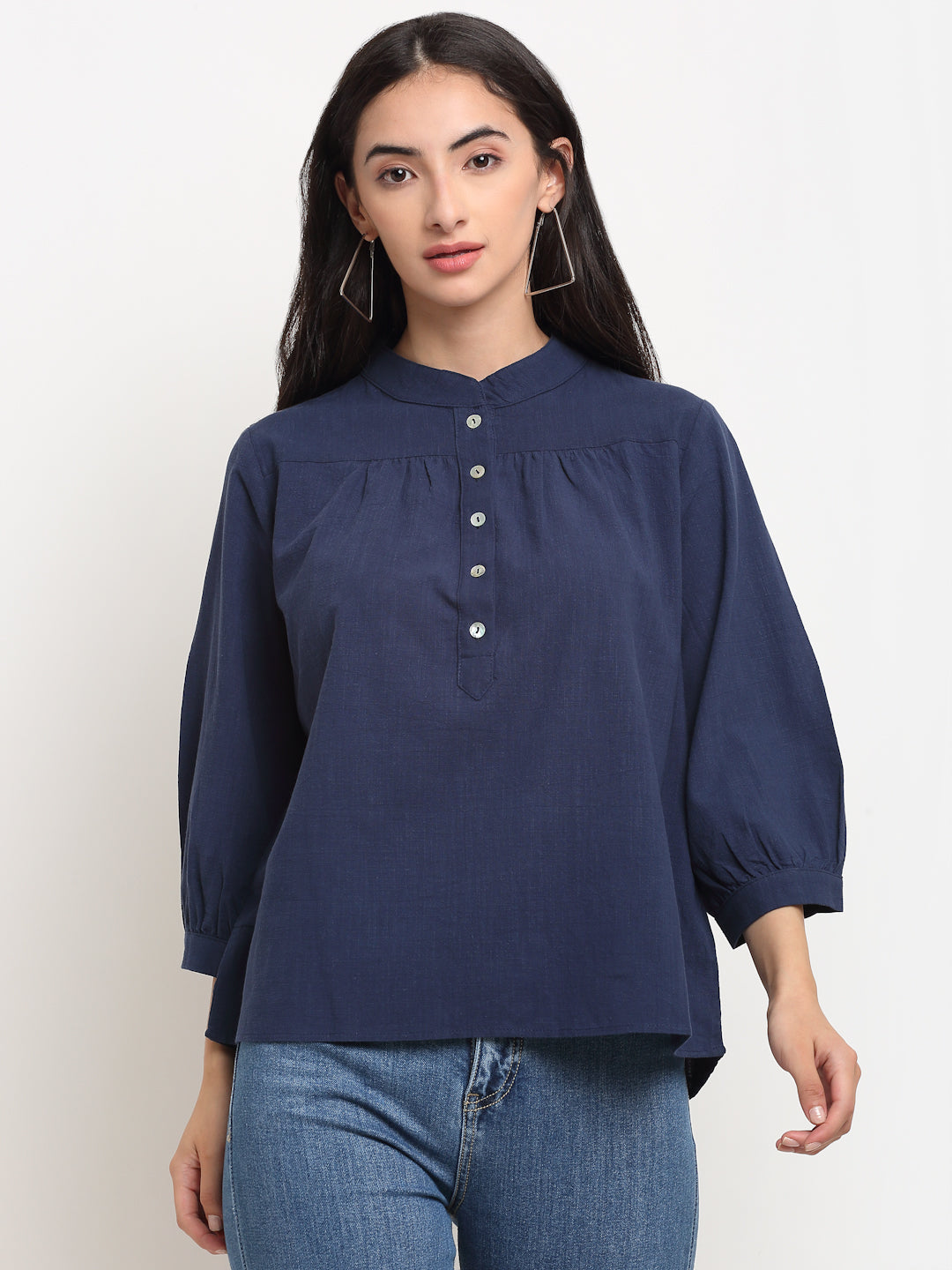 Women Mandarin Collar Button Detail Navy Blue Top 