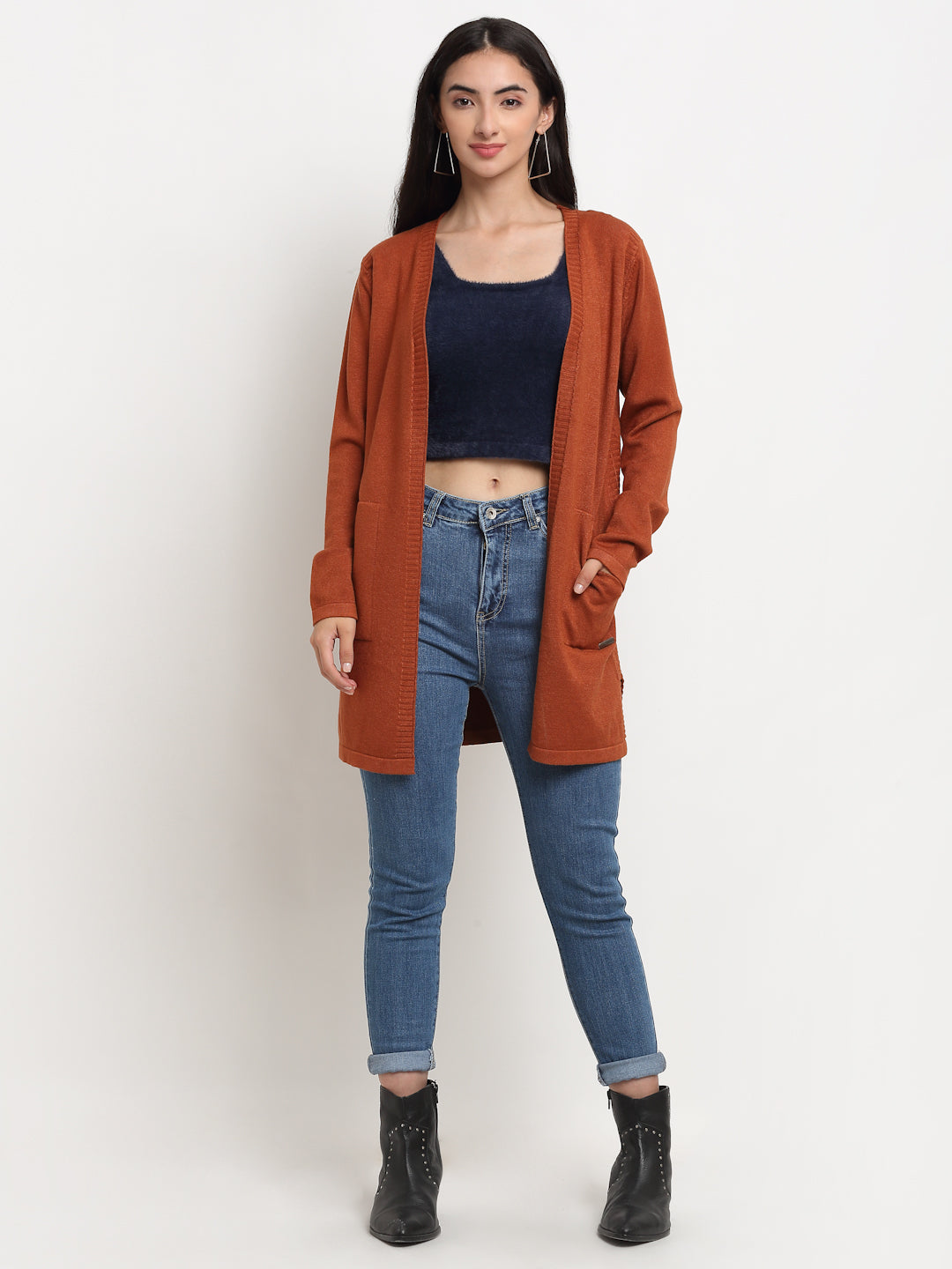 Women Rust V-Neck Solid Shrug