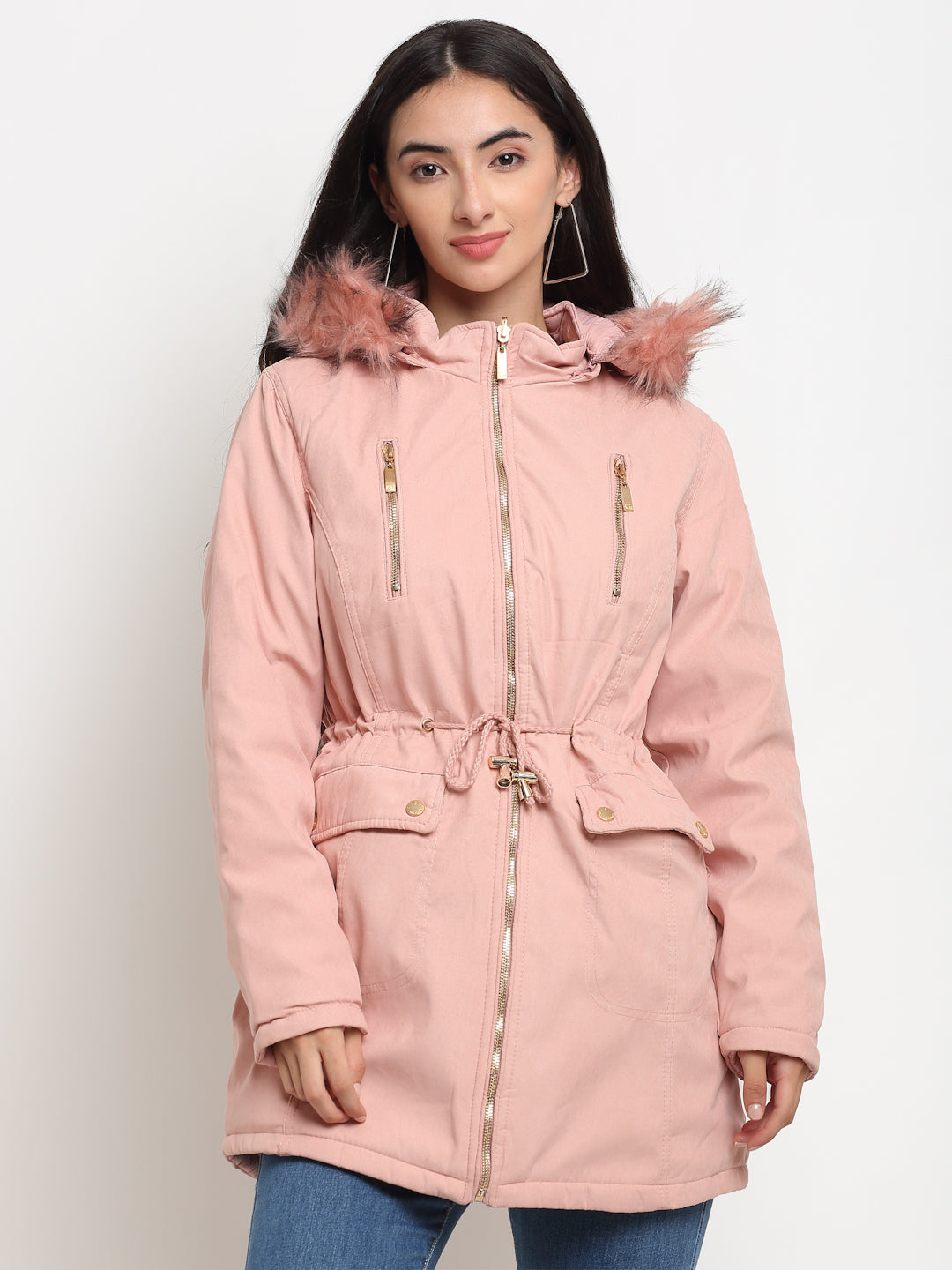 A Unique Women Pink Solid Hood Reversible Jacket 