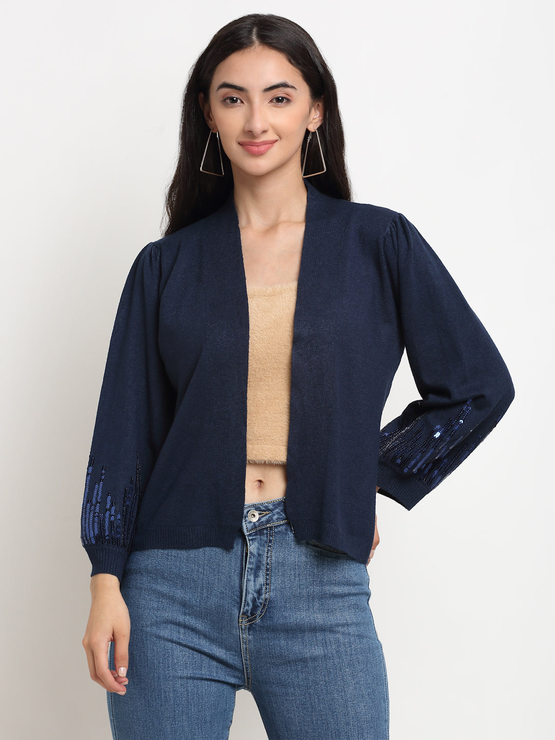 Women Navy Blue Open Neck Solid Shrug