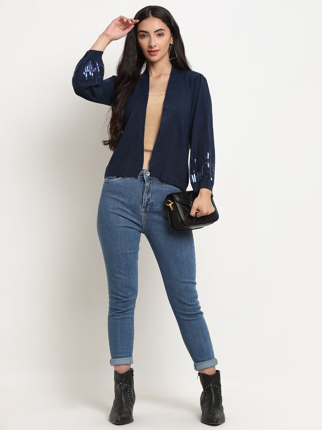 Blue Round Neck Solid Shrug