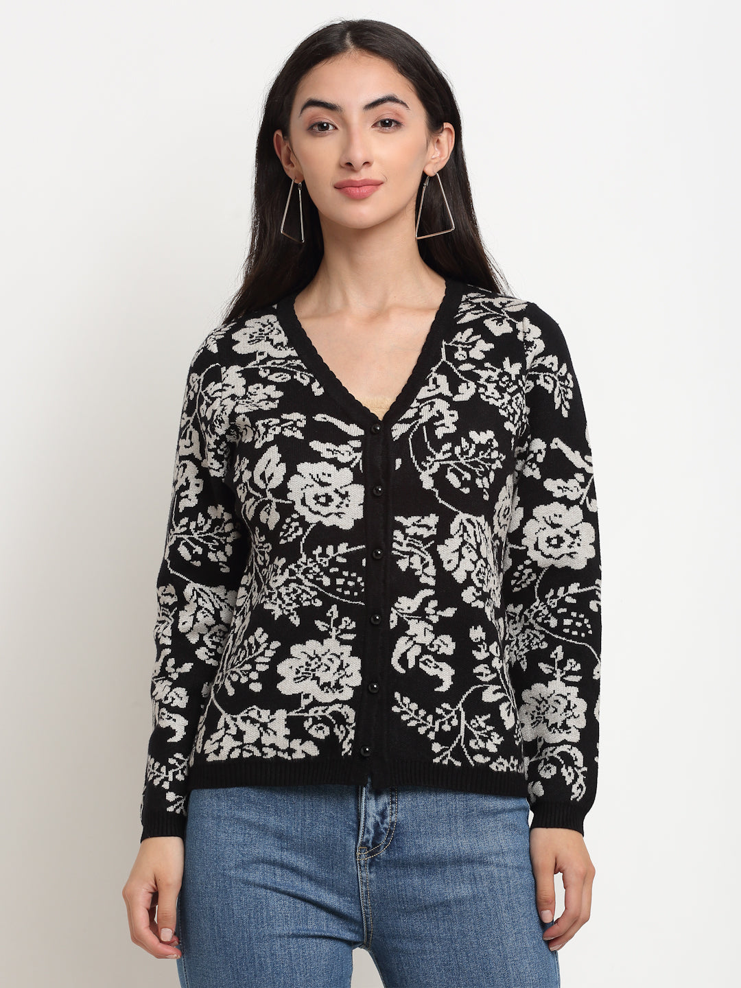 Best Women Black V-Neck Printed Cardigan