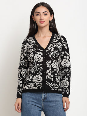 Best Women Black V-Neck Printed Cardigan