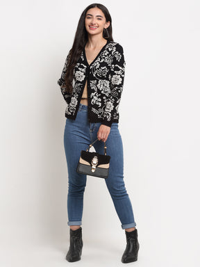 Women  V-Neck Printed Cardigan With Black
