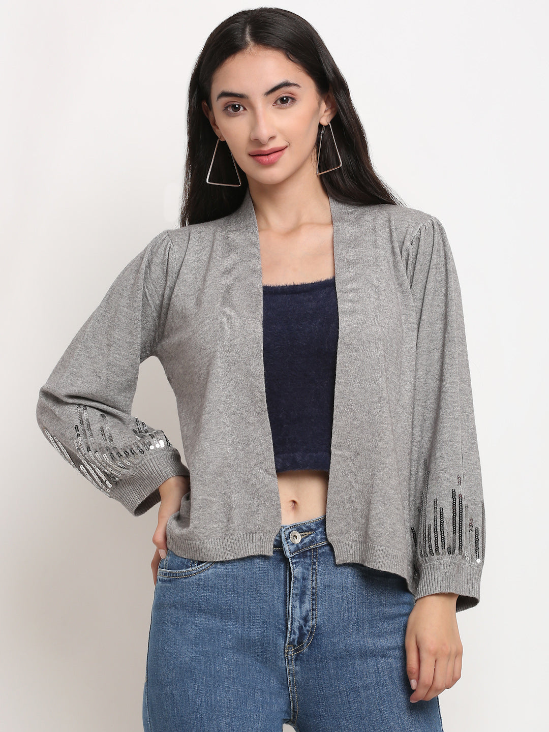 Women Grey Round Neck Solid Shrug