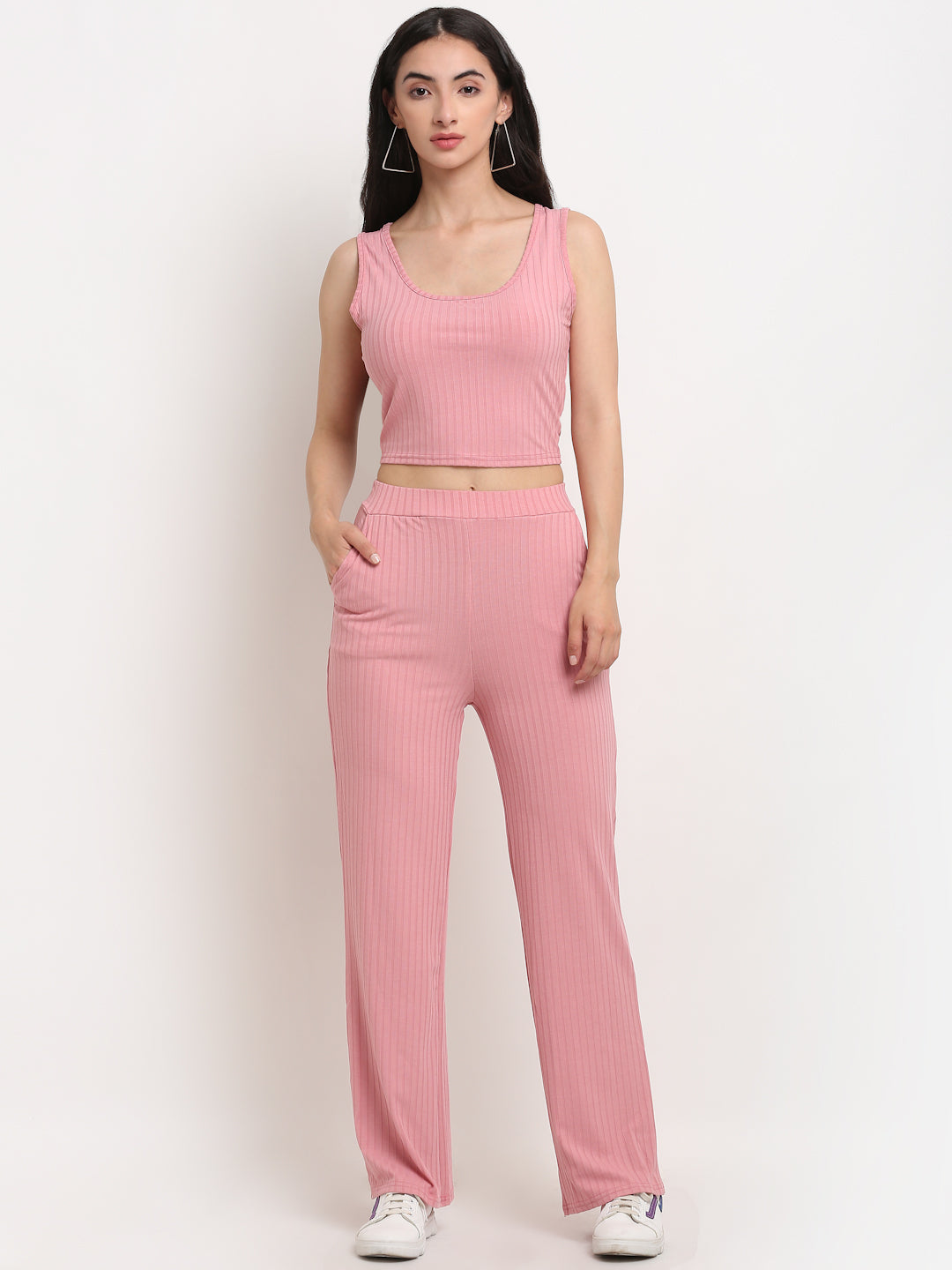 Women Pink Round Neck Solid Sets