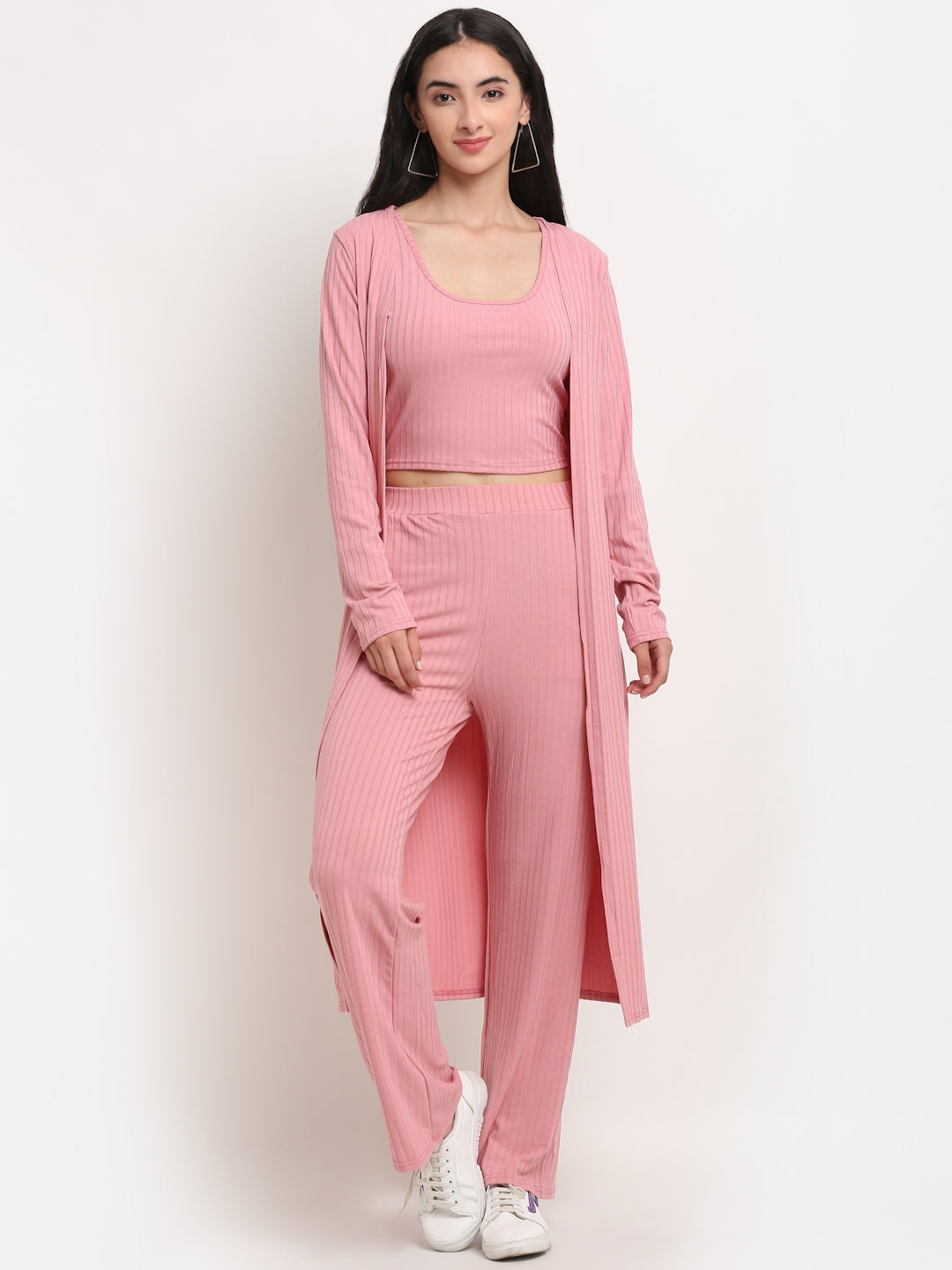 Women Pink Round Neck Solid Sets