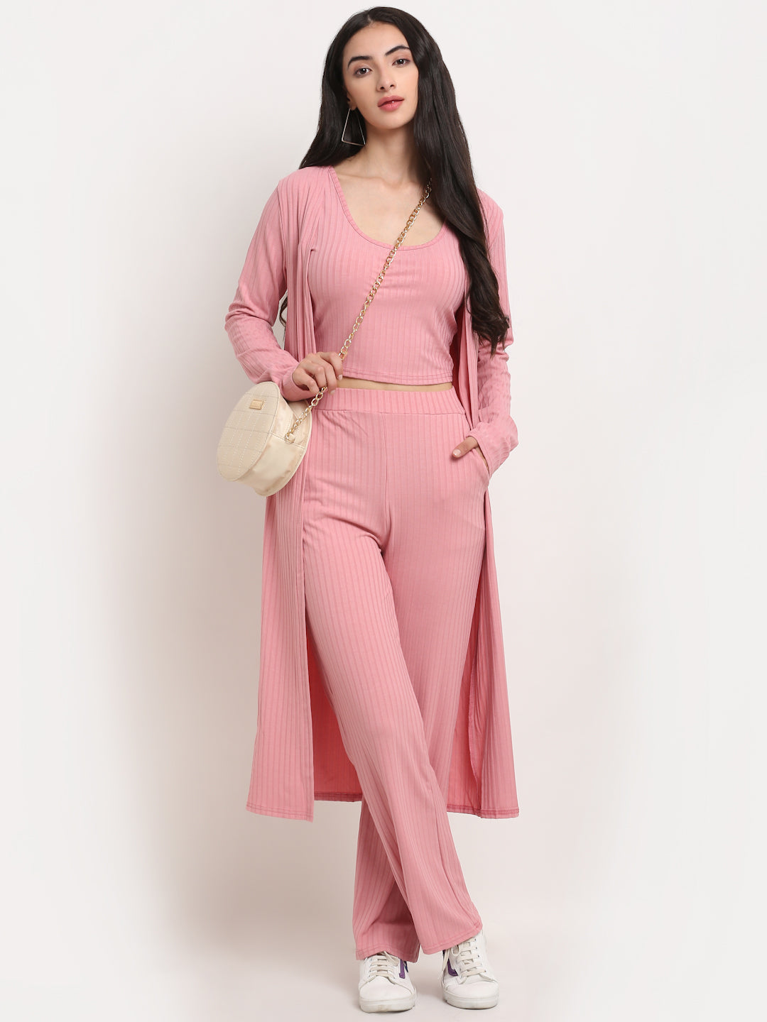Women Pink Round Neck Solid Sets