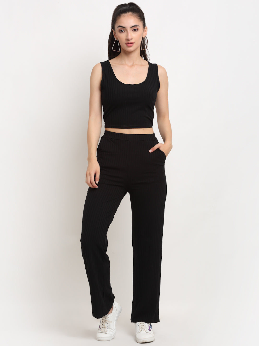 Women Black Round Neck Solid Sets