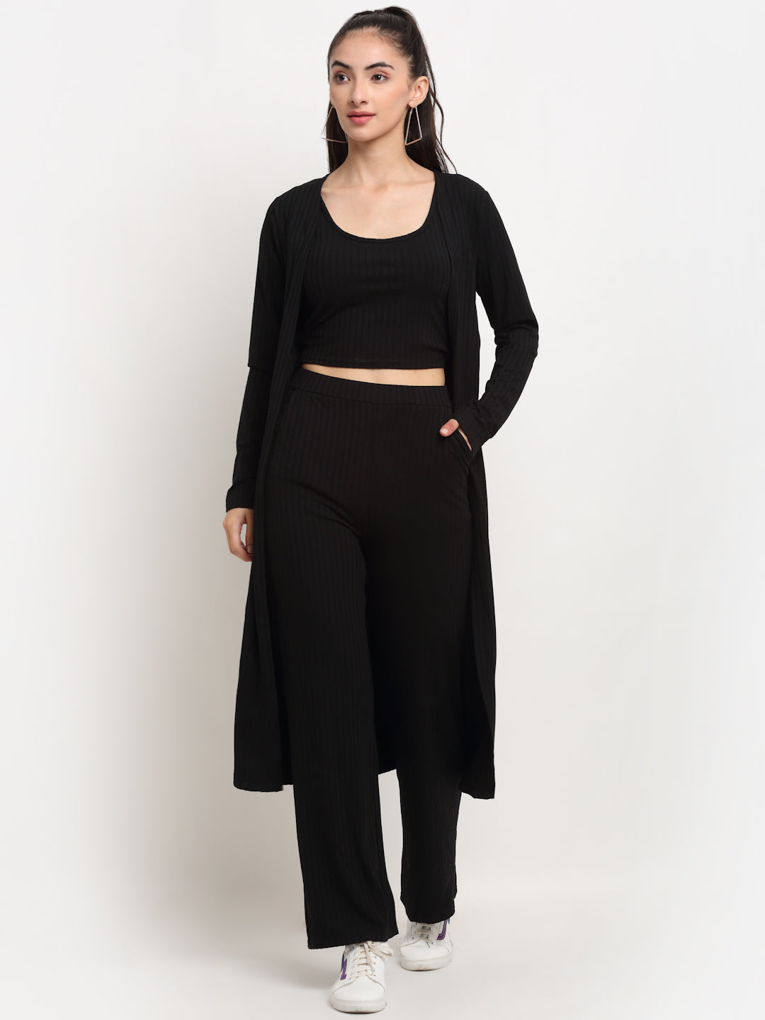Women Black Round Neck Solid Sets