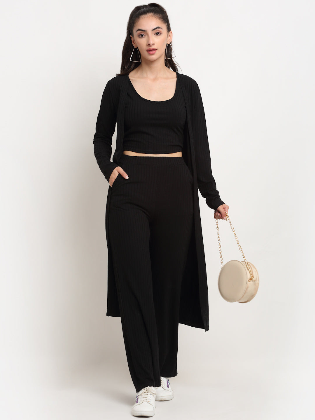 Women Black Round Neck Solid Sets
