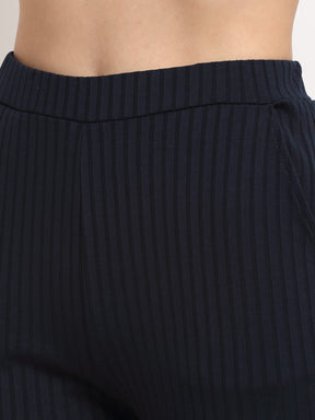Women Navy Blue Round Neck Solid Sets