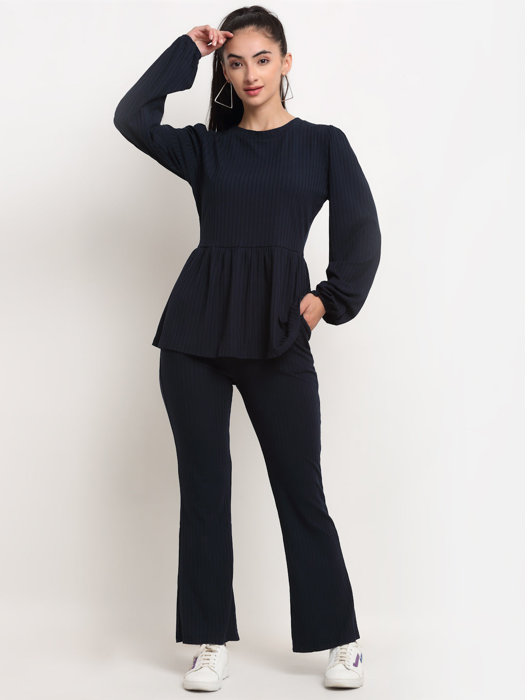 Women Navy Blue Round Neck Solid Sets