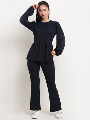 Women Navy Blue Round Neck Solid Sets