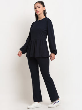 Women Navy Blue Round Neck Solid Sets