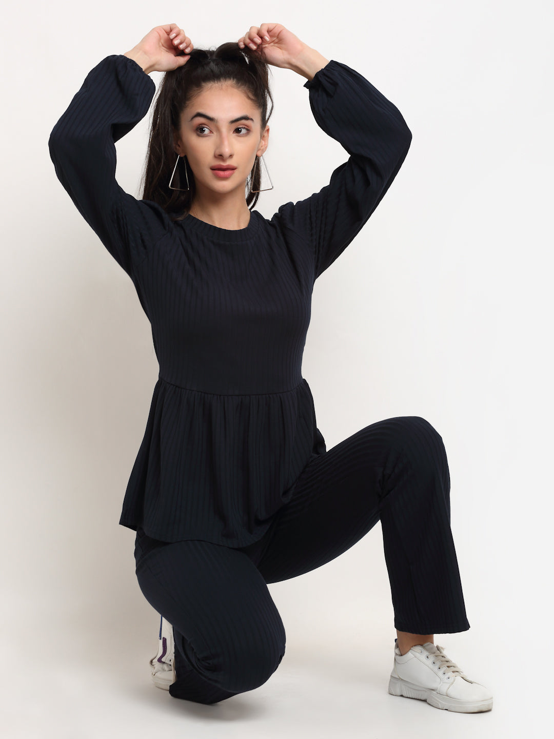 Women Navy Blue Round Neck Solid Sets