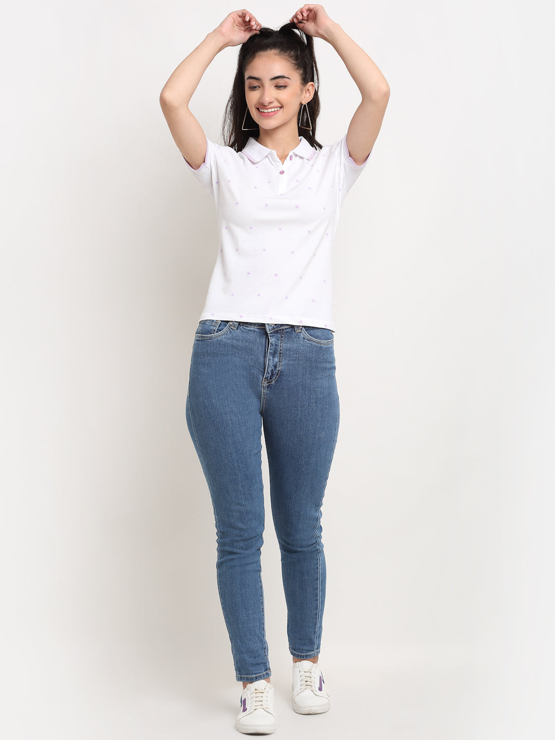 Women Straight-Fit Polo Neck White T-Shirt