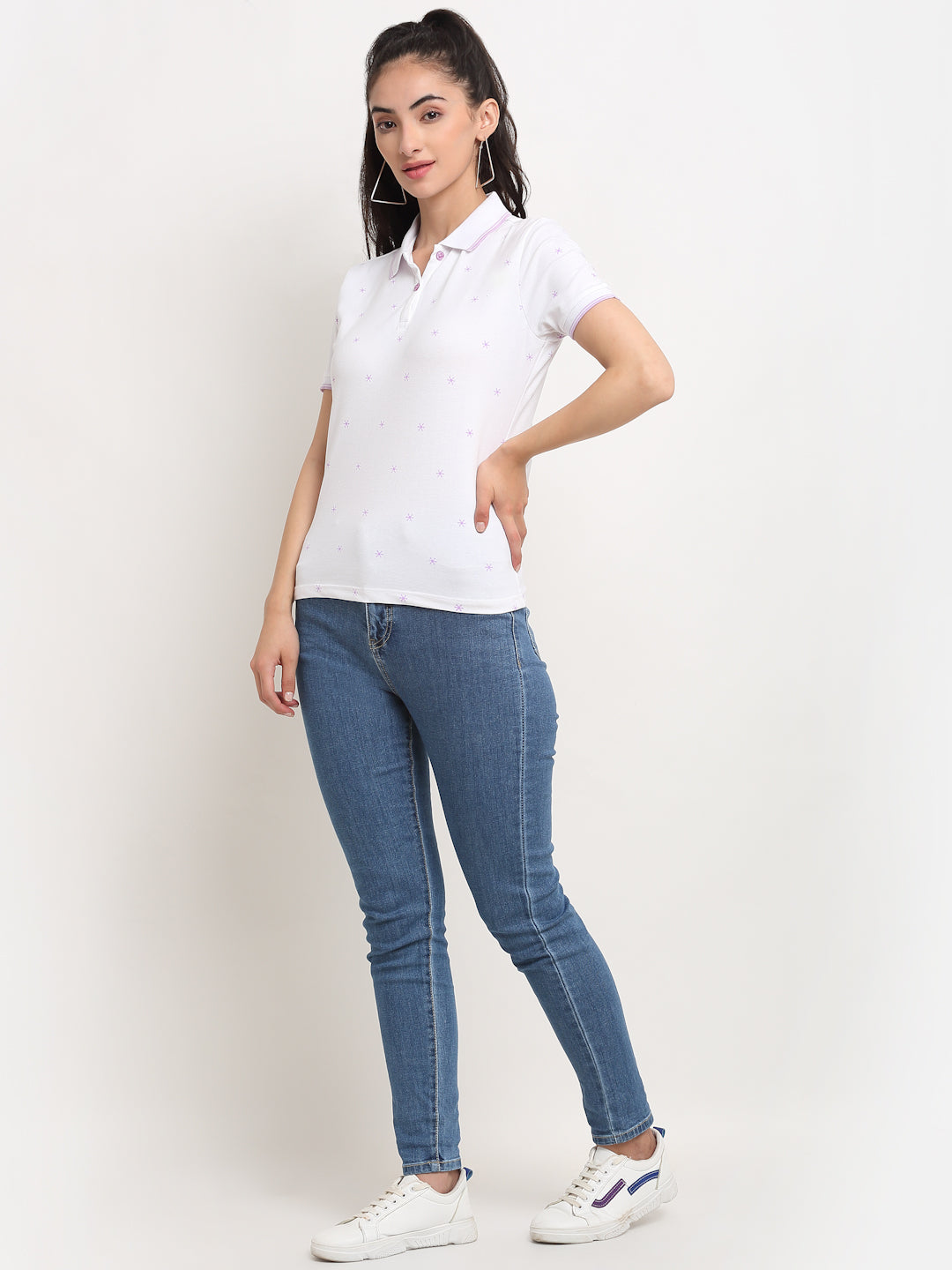 Women Straight-Fit Polo Neck White T-Shirt