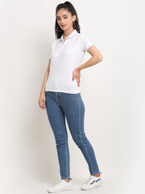 Women Straight-Fit Polo Neck White T-Shirt