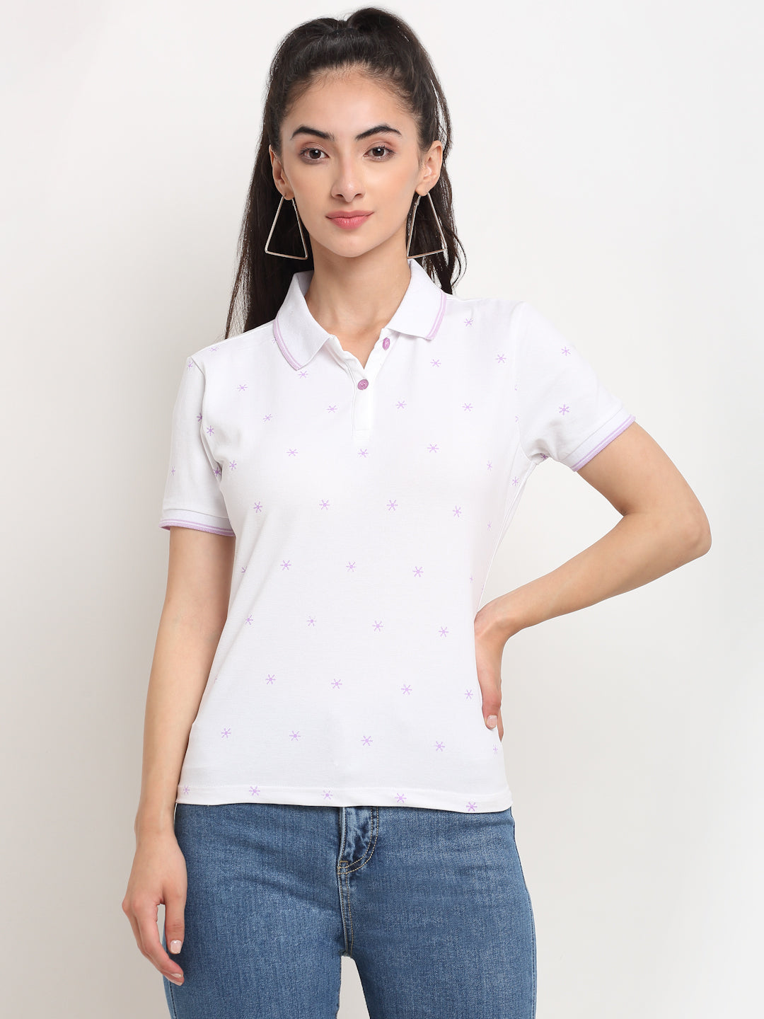 Women Straight-Fit Polo Neck White T-Shirt