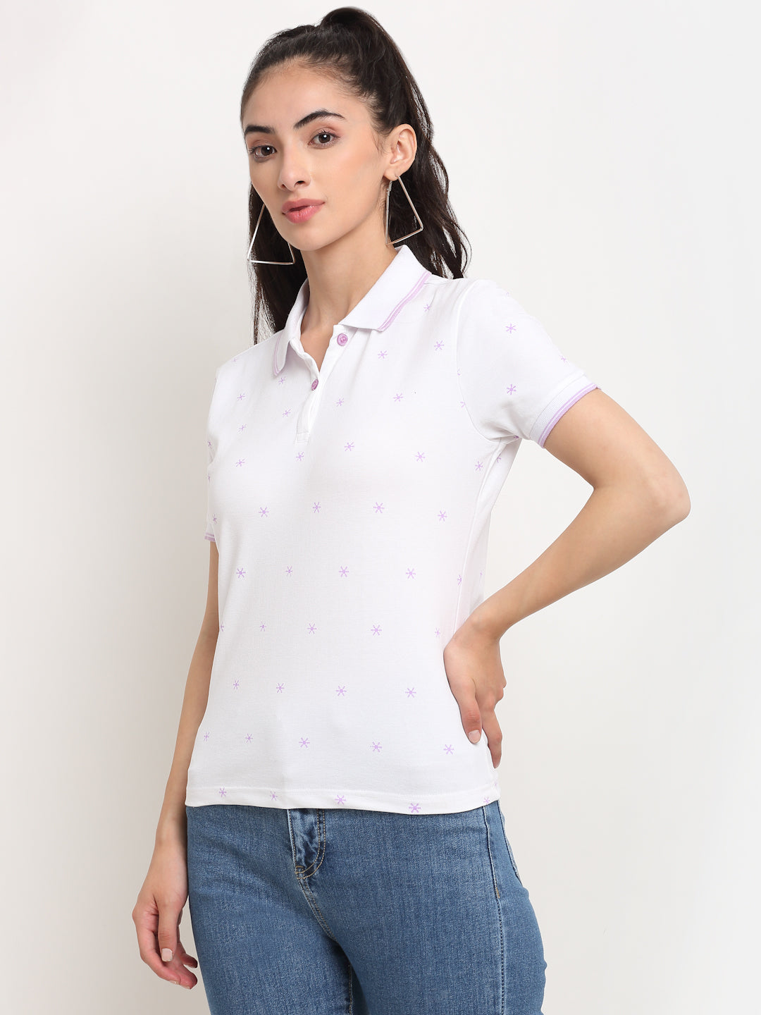 Women Straight-Fit Polo Neck White T-Shirt