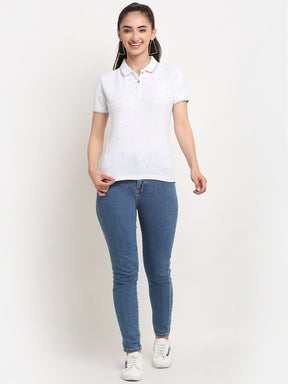 Women Slim-Fit Polo Neck White T-Shirt