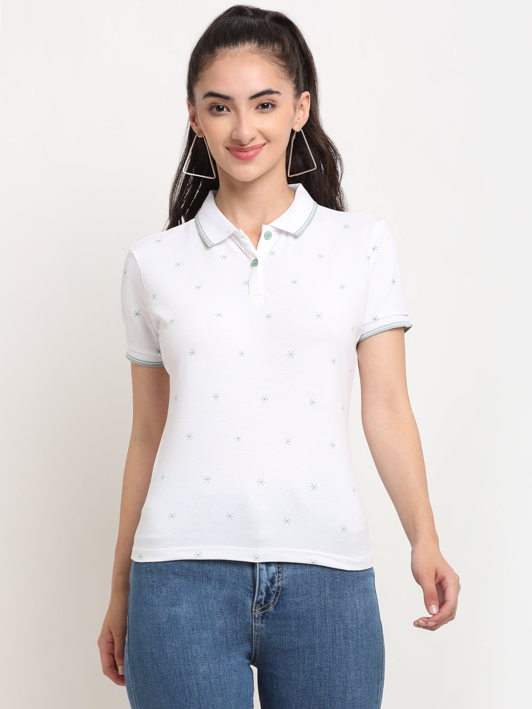 Women Slim-Fit Polo Neck White T-Shirt