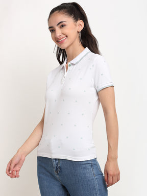 Women Slim-Fit Polo Neck White T-Shirt
