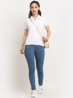 Women Slim-Fit Polo Neck White T-Shirt