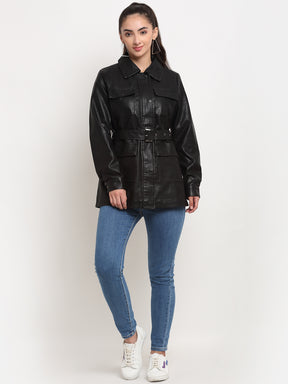 Women Black Collared Solid Jacket