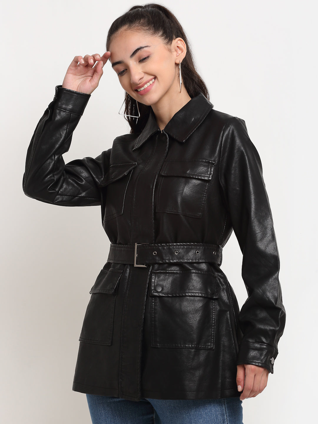 Women Black Collared Solid Jacket