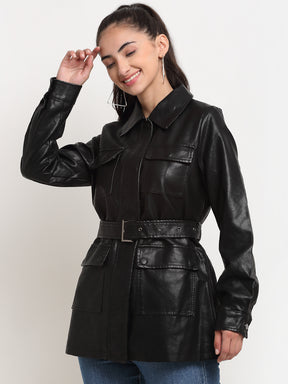 Women Black Collared Solid Jacket