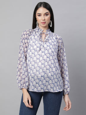 women mauve collar neck printed blouse
