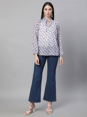 women mauve collar neck printed blouse