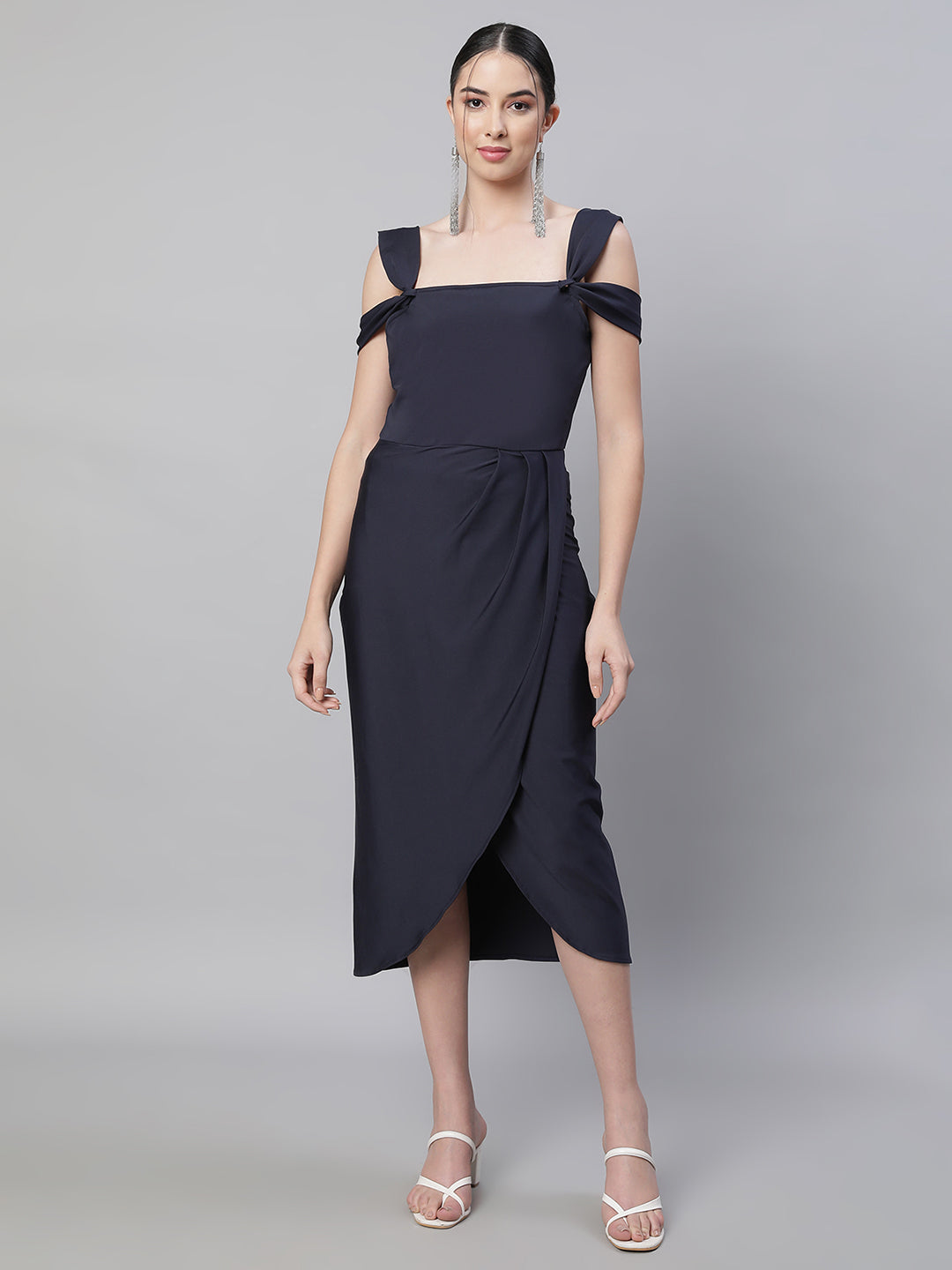 women navy blue square neck solid dress