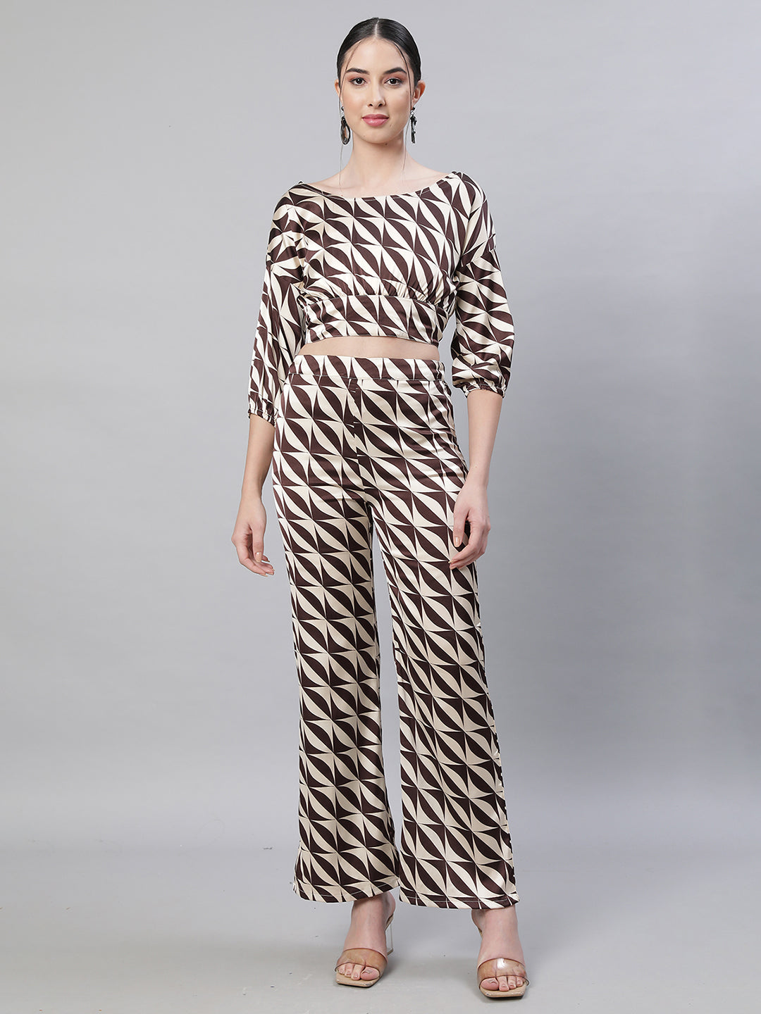 Brown Oval Neck Printed Co-ord Set - Global Republic