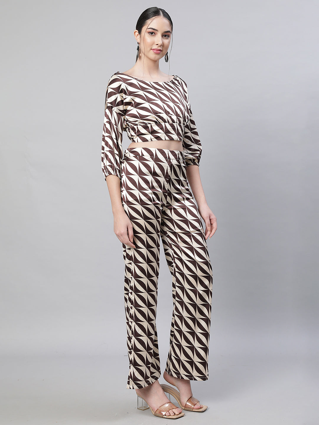 Women Brown Oval Neck Printed  Co-ord Set